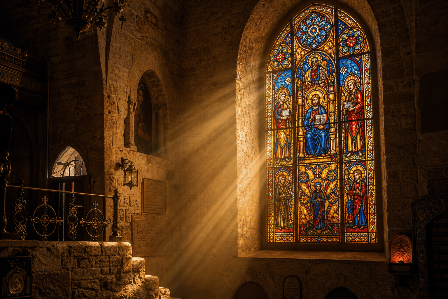 Mardin kilisesi vitray penceresi — iç mekândan altın ışık
