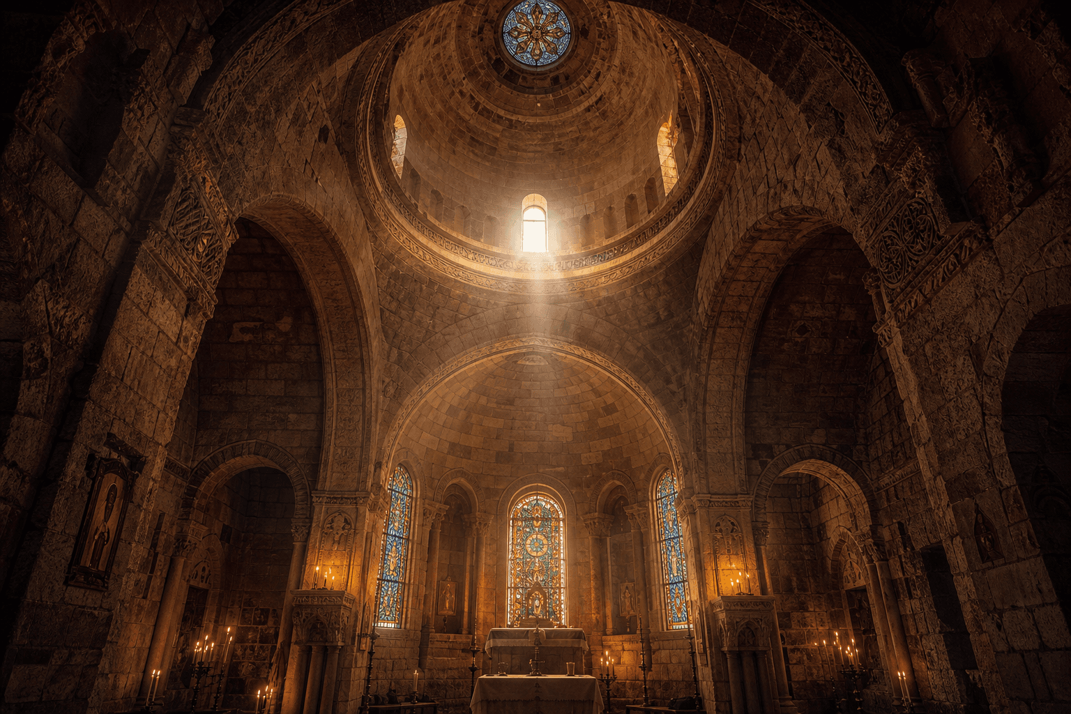 Mardin tarihi kilise kubbe mimarisi — iç mekân görünümü