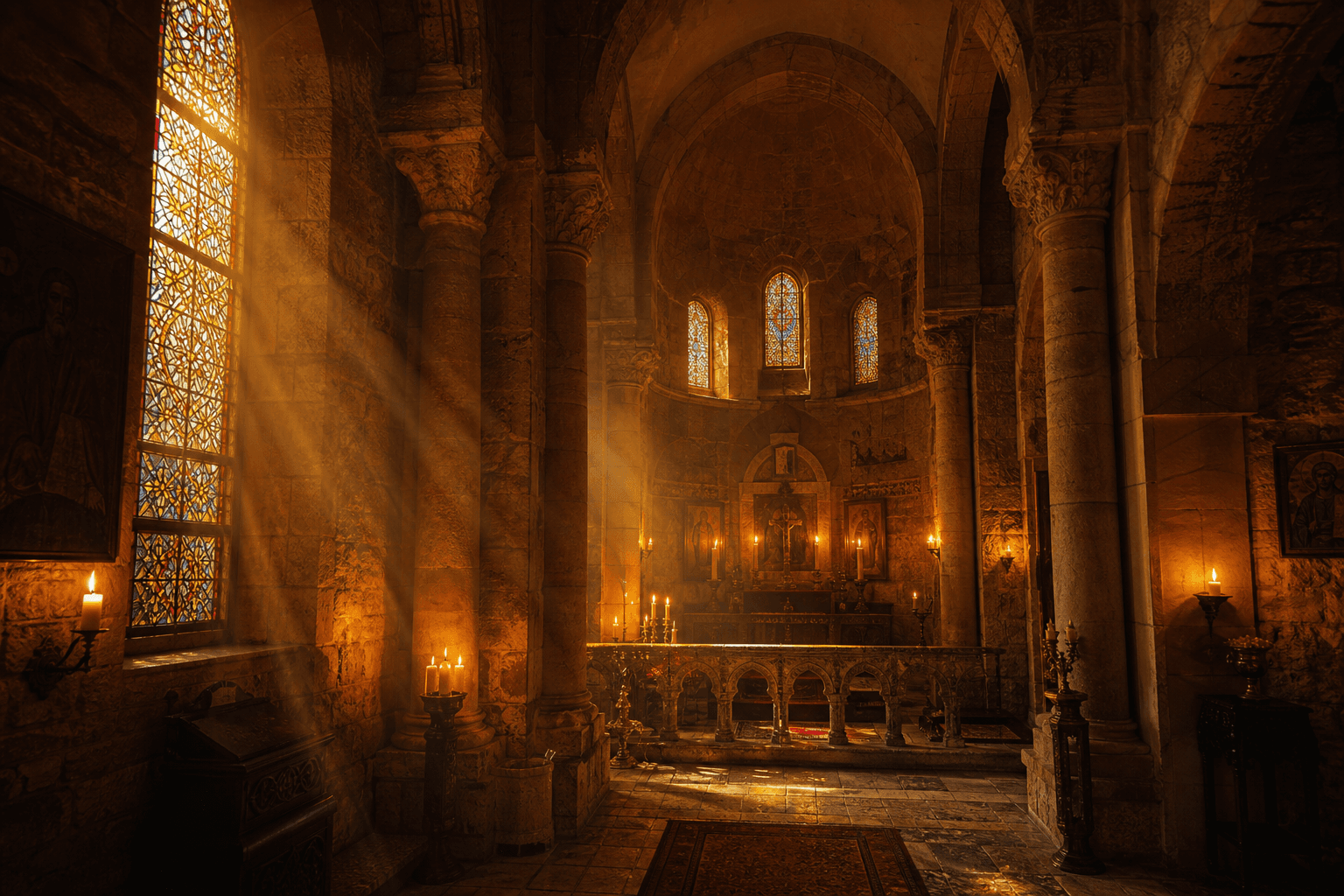 Mardin eski kilise iç mekânı — vitray ve mum ışığı, Feraye Hoca atmosferi