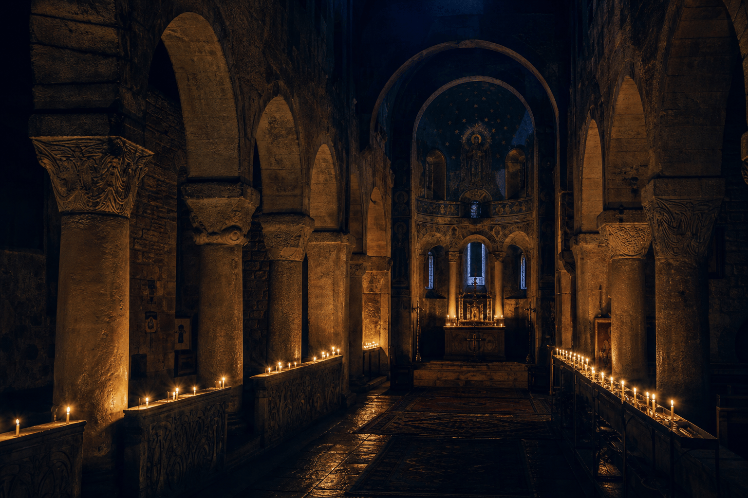 Taş sütunlar ve mum ışıkları — Mardin kilise iç mekânı