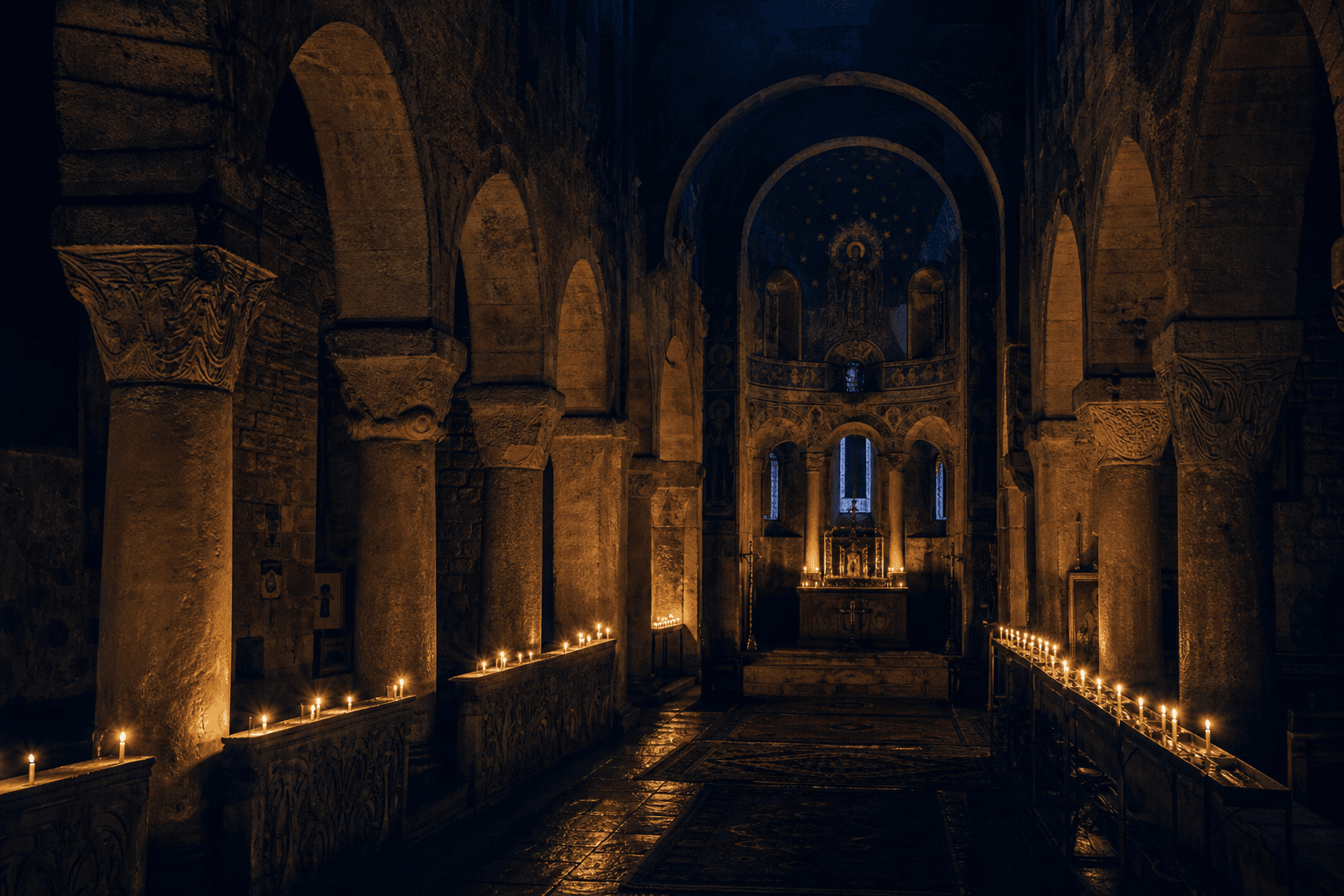 Taş sütunlar ve mum ışıkları — Mardin kilise iç mekânı
