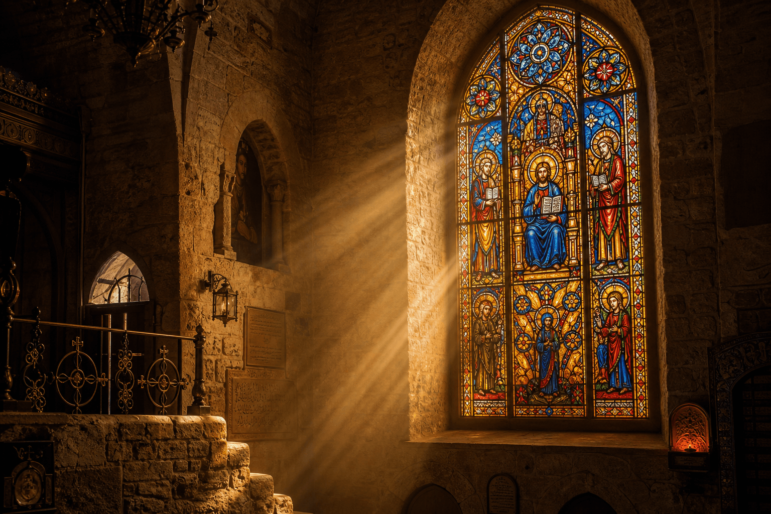Mardin kilisesi vitray penceresi — iç mekândan altın ışık